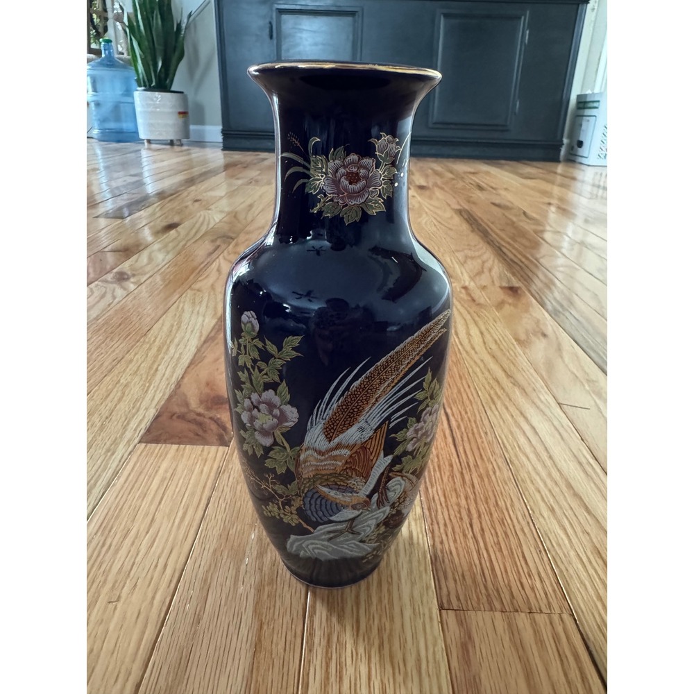 Vintage Japanese Cobalt Blue Porcelain Peacock Vase Gold Gilt Floral 8 Inch